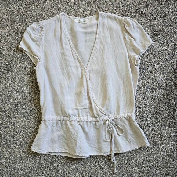 Cloth & Stone Linen Blend Top Women's Small Ivory Ruffle Sleeve V-Neck Peplum - Picture 2 of 7